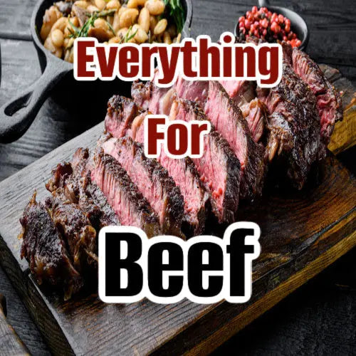 everything needed for beef from butcher bbq with sliced steak in background