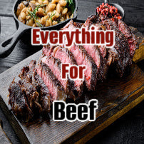 everything needed for beef from butcher bbq with sliced steak in background