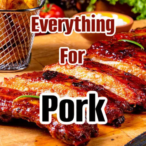 everything you need to cook pork from butcher bbq with a cooked sparerib in the background