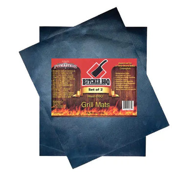 Two blue grill mats with a Butcher BBQ label on a white background