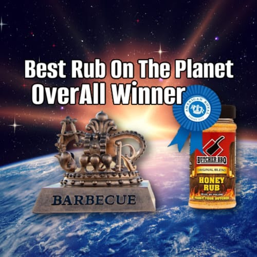 Butcher BBQ Honey Rub with a championship ribbon against a space-themed background