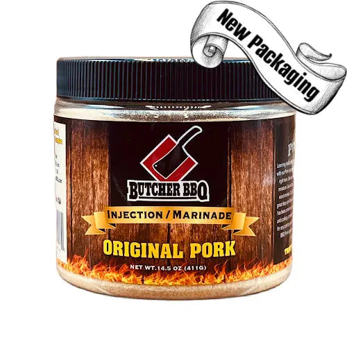Butcher BBQ Original Pork injection marinade jar with 'New Packaging' label.