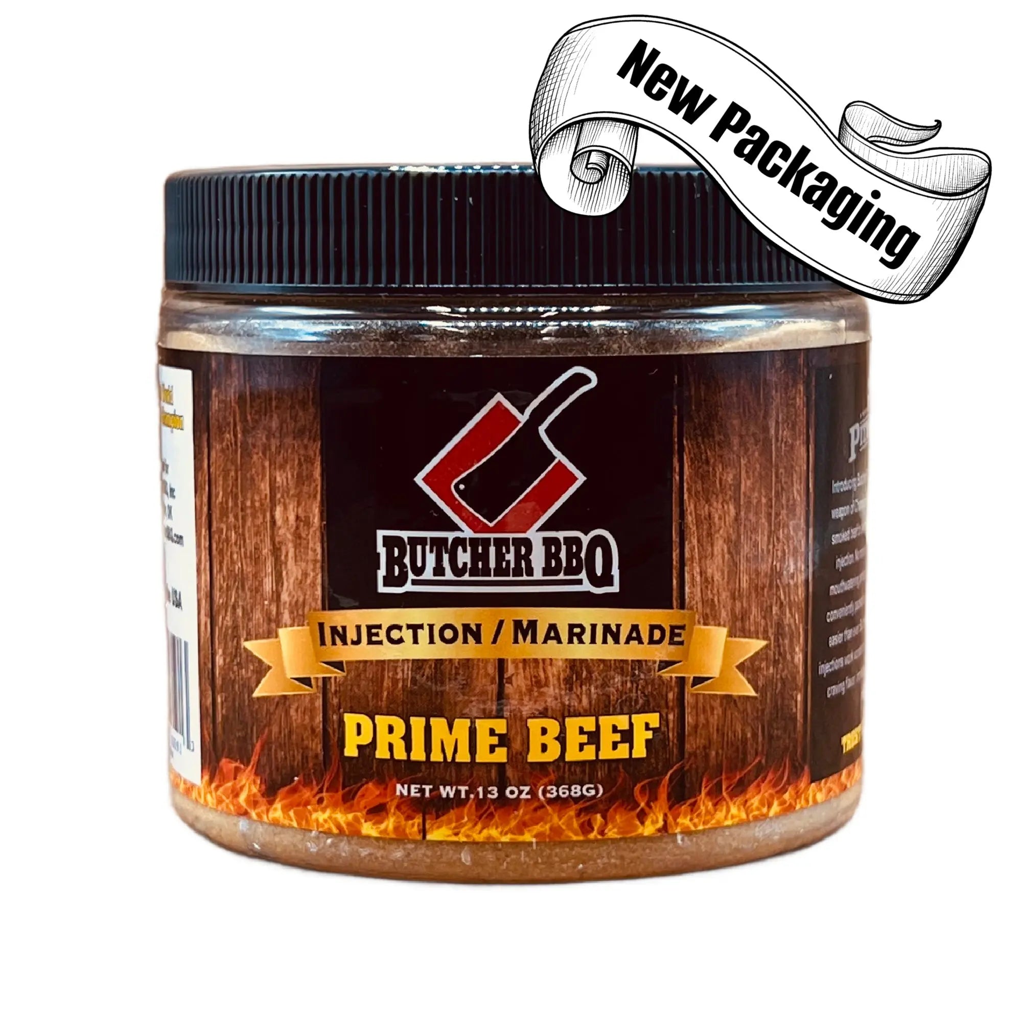 Jar of Butcher BBQ Prime Beef injection marinade with black lid on a white background