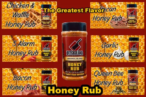 Grid pattern showing all flavors of Butcher BBQ Honey Rubs