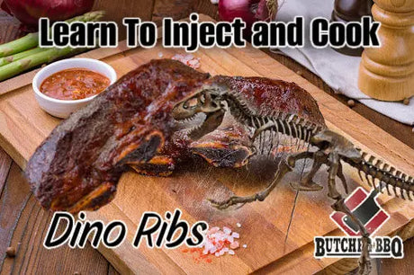 Cooked Dino ribs with a skeleton of a t-rex