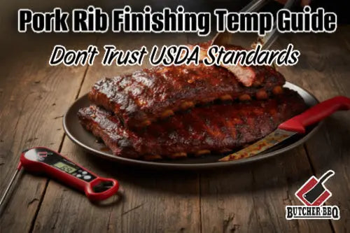 platter of ribs with thermometer and knife, Blog about cooking temps