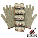 Pair of green gloves with a roll of butcher paper on a white background, featuring the Butcher BBQ logo.