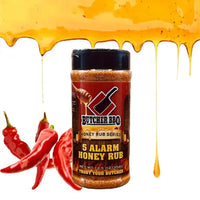 Butcher BBQ 5 Alarm Honey Rub with honey and chili peppers on a white background