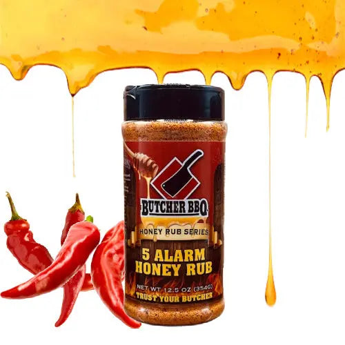 Butcher BBQ 5 Alarm Honey Rub with honey and chili peppers on a white background