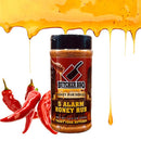 Butcher BBQ 5 Alarm Honey Rub with honey and chili peppers on a white background