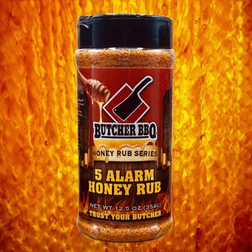 Butcher BBQ 5 Alarm Honey Rub spice jar on a fiery background