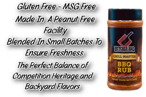 Butcher BBQ Grill Master BBQ Rub with product details on a white background