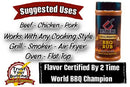 Butcher BBQ Grill Master BBQ Rub with suggested uses and certification details on a white background