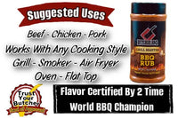 Butcher BBQ Grill Master BBQ Rub with suggested uses and certification details on a white background