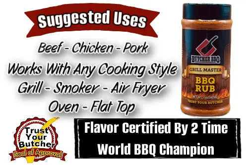 Butcher BBQ Grill Master BBQ Rub with suggested uses and certification details on a white background
