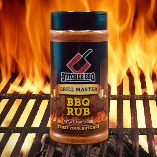 Butcher BBQ Grill Master BBQ Rub jar on a grill with flames in the background