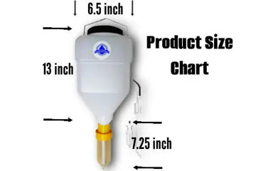 Product size chart with measurements of a white spray nozzle on a white background