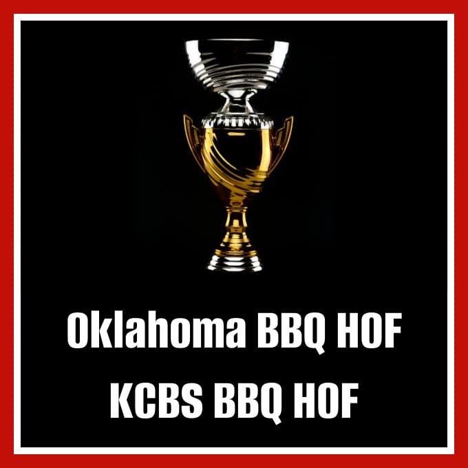 Gold trophy on a black background with 'Oklahoma BBQ HOF' and 'KCBS BBQ HOF' text.
