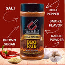 Butcher BBQ Grill Master BBQ Rub bottle with ingredients listed on a red background