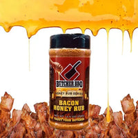 Butcher BBQ Bacon Honey Rub with bacon and honey in the background
