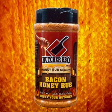 Butcher BBQ Bacon Honey Rub container on a fiery background