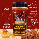Butcher BBQ Bacon Honey Rub with ingredients listed on a red background