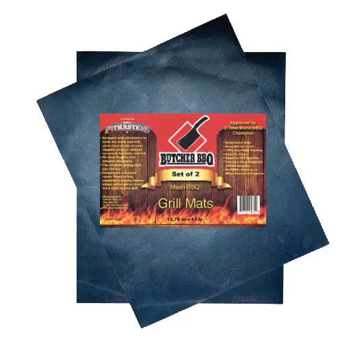 Two blue grill mats with a Butcher BBQ label on a white background