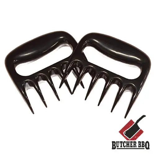 Black meat shredders on a white background with Butcher BBQ logo.
