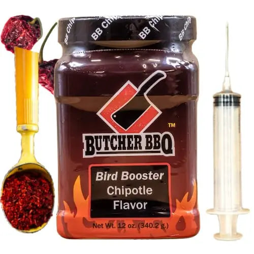 Butcher BBQ Bird Booster Chipotle Flavor jar with a spoonful of seasoning and a syringe on a white background