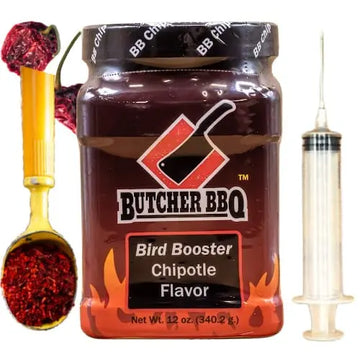 Butcher BBQ Bird Booster Chipotle Flavor jar with a spoonful of seasoning and a syringe on a white background