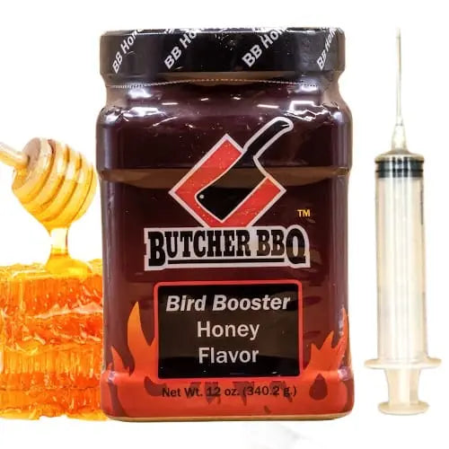 Butcher BBQ Bird Booster Honey Flavor jar with honey dipper and syringe on a white background