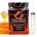 Butcher BBQ Bird Booster Honey Flavor jar with honey dipper and syringe on a white background