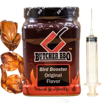 Butcher BBQ Bird Booster jar with roasted corn and chicken, and a syringe on a white background.