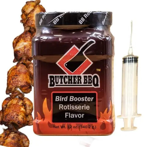 Butcher BBQ Bird Booster Rotisserie Flavor jar with skewered chicken and a syringe on a white background