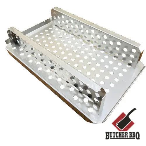 Metal perforated grill basket on a white background with 'Butcher BBQ' logo.