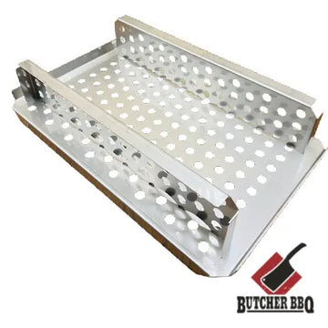 Metal perforated grill basket on a white background with 'Butcher BBQ' logo.