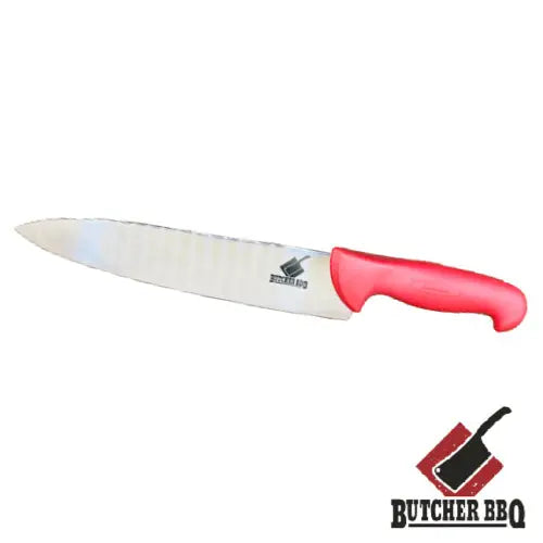Chef's knife with red handle on a white background, featuring Butcher BBQ logo.