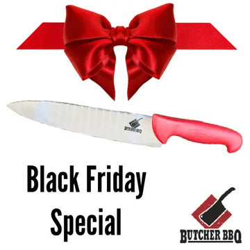Knife with red handle and bow, labeled 'Black Friday Special' and 'Butcher BBQ' brand.