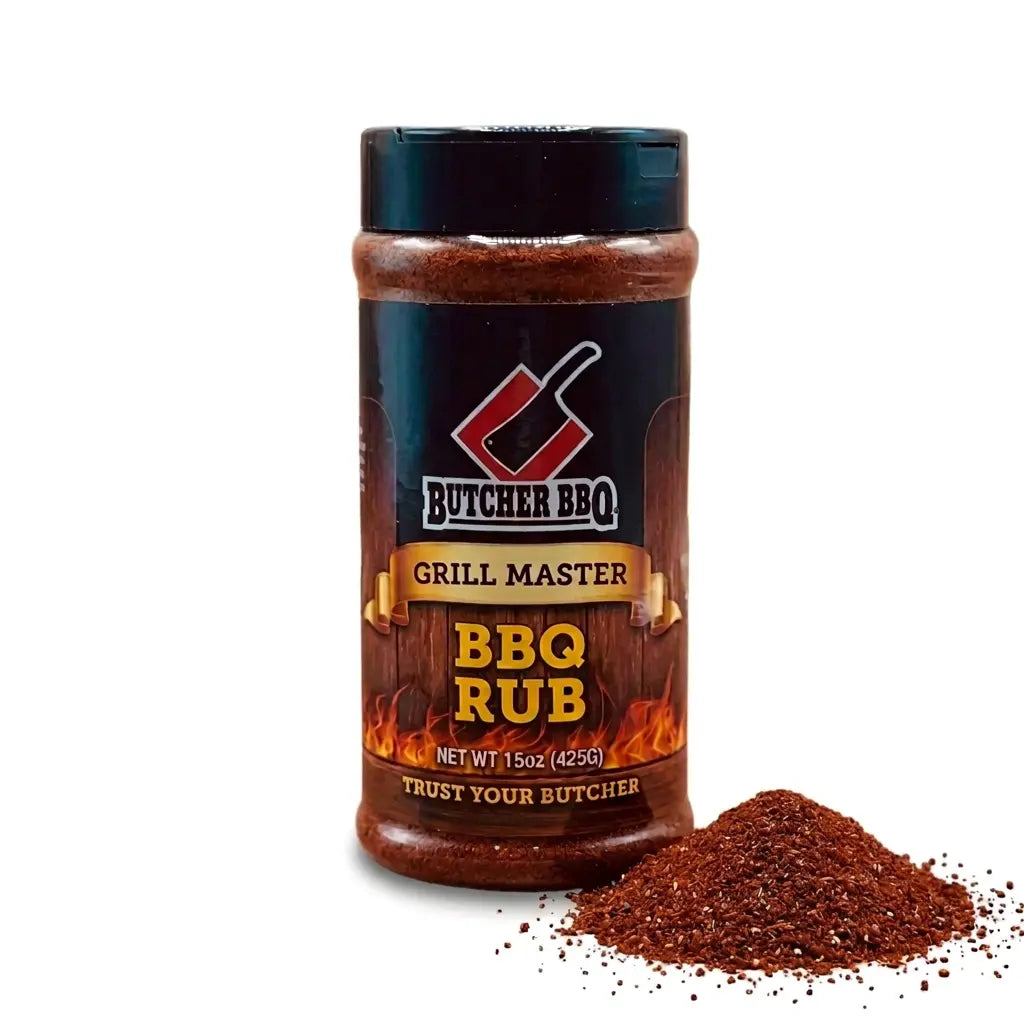 A bottle of Butcher BBQ Grill Master BBQ Rub seasoning with a small pile of the reddish-brown rub powder in front, set against a plain white background.