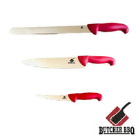 Three knives with red handles on a white background, featuring the Butcher BBQ logo.