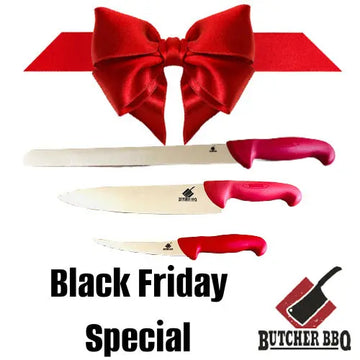 Three knives with red handles and a large red bow on a white background, with 'Black Friday Special' text and 'Butcher BBQ' logo.