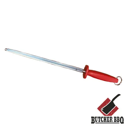 Knife sharpener with red handle on a white background, featuring the Butcher BBQ logo.