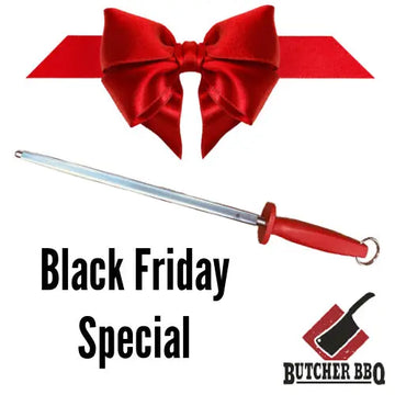Red knife with red ribbon and 'Black Friday Special' text on a white background