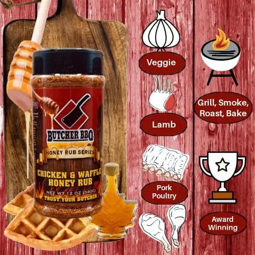 Butcher BBQ Chicken & Waffle Honey Rub with waffles, syrup, and cooking icons on a wooden background