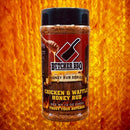 Butcher BBQ Chicken & Waffle Honey Rub jar on a fiery background