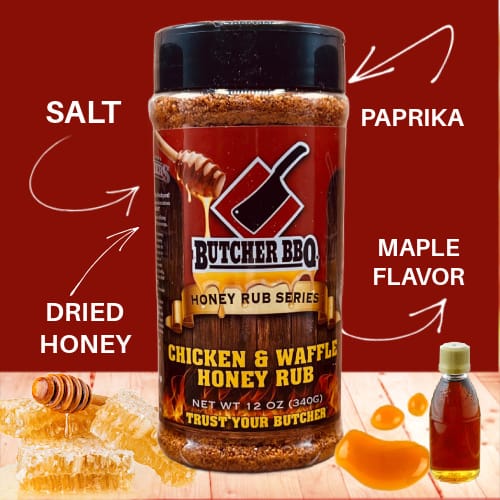 Butcher BBQ Chicken & Waffle Honey Rub with ingredients listed on a red background