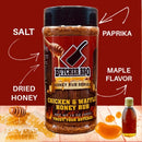 Butcher BBQ Chicken & Waffle Honey Rub with ingredients listed on a red background