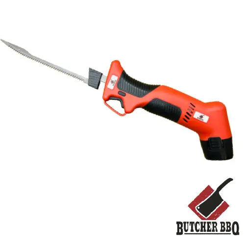 Electric knife with a red and black handle on a white background, featuring the 'Butcher BBQ' logo.