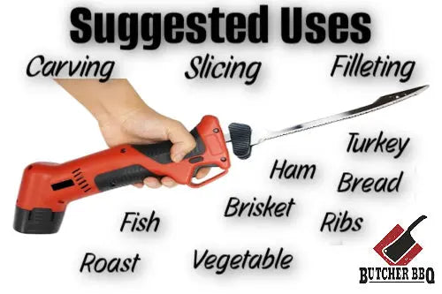 Red power knife with suggested uses listed on a white background