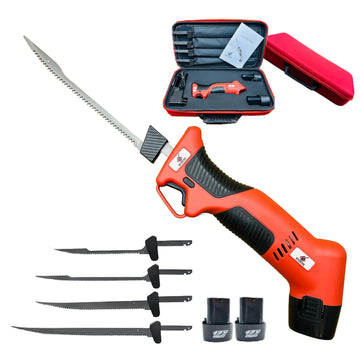 Electric carving knife set with multiple blades and a red carrying case on a white background